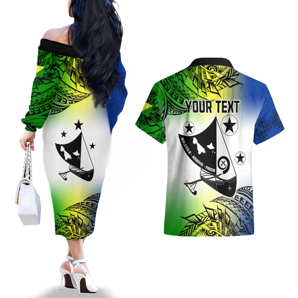 Personalised Malampa Day Couples Matching Off The Shoulder Long Sleeve Dress and Hawaiian Shirt Malampa Emblem Gradient Style LT7 - Wonder Print Shop