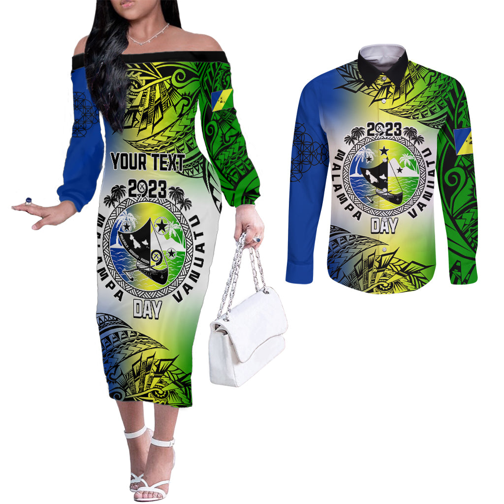 personalised-malampa-day-couples-matching-off-the-shoulder-long-sleeve-dress-and-long-sleeve-button-shirts-malampa-emblem-gradient-style