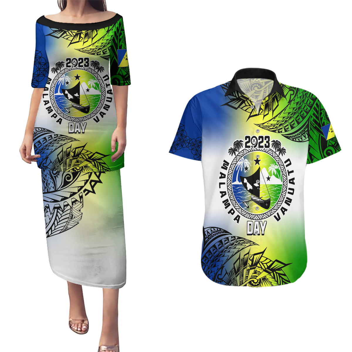 Personalised Malampa Day Couples Matching Puletasi Dress and Hawaiian Shirt Malampa Emblem Gradient Style LT7 - Wonder Print Shop