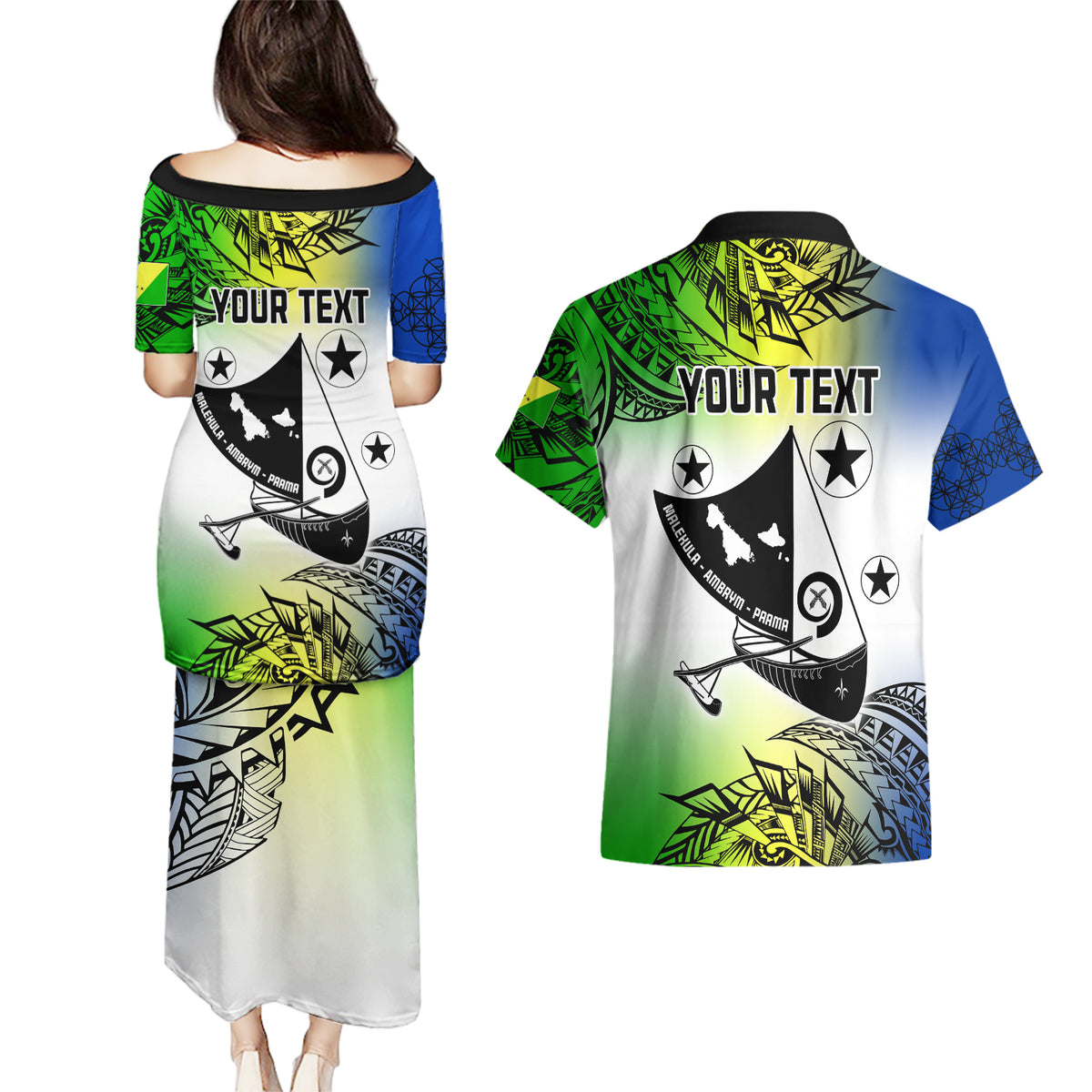 Personalised Malampa Day Couples Matching Puletasi Dress and Hawaiian Shirt Malampa Emblem Gradient Style LT7 - Wonder Print Shop