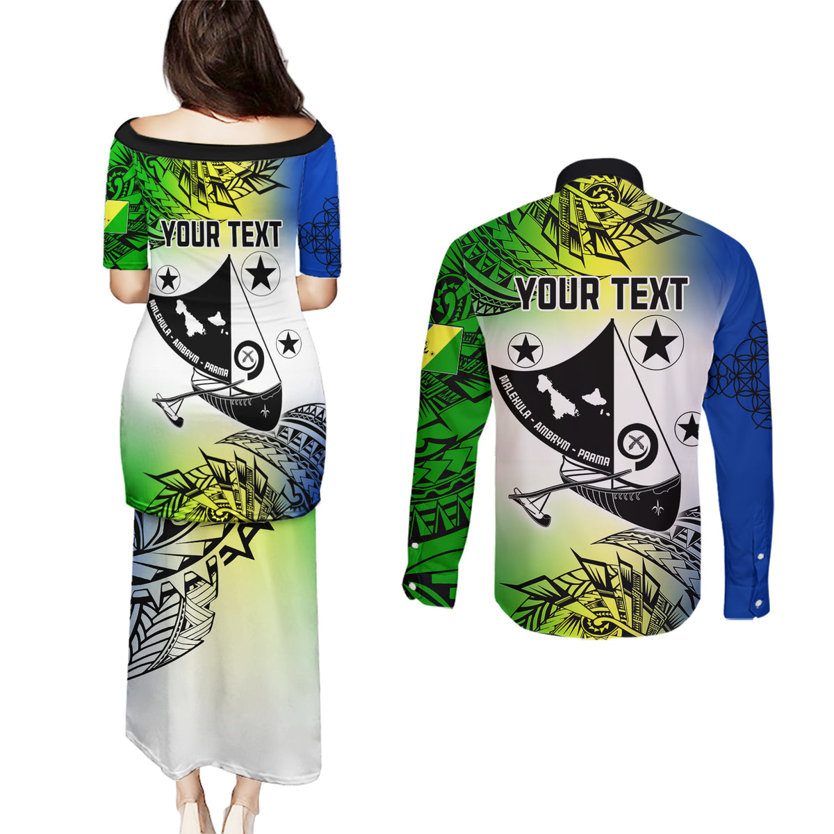 Personalised Malampa Day Couples Matching Puletasi Dress and Long Sleeve Button Shirts Malampa Emblem Gradient Style LT7 - Wonder Print Shop