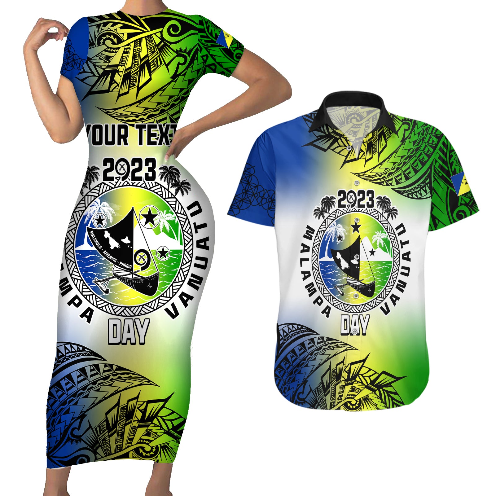 Personalised Malampa Day Couples Matching Short Sleeve Bodycon Dress and Hawaiian Shirt Malampa Emblem Gradient Style LT7 - Wonder Print Shop