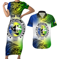 Personalised Malampa Day Couples Matching Short Sleeve Bodycon Dress and Hawaiian Shirt Malampa Emblem Gradient Style LT7 - Wonder Print Shop