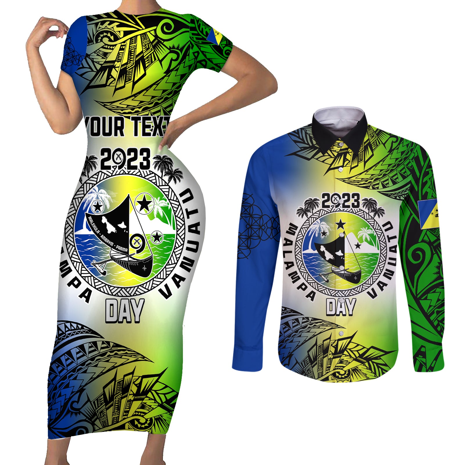 Personalised Malampa Day Couples Matching Short Sleeve Bodycon Dress and Long Sleeve Button Shirts Malampa Emblem Gradient Style LT7 - Wonder Print Shop