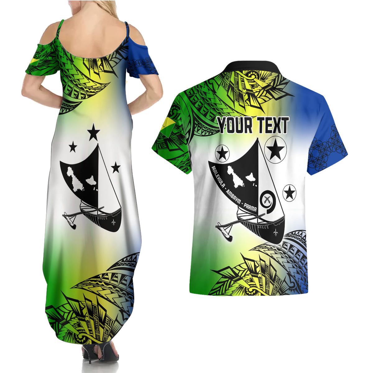 Personalised Malampa Day Couples Matching Summer Maxi Dress and Hawaiian Shirt Malampa Emblem Gradient Style LT7 - Wonder Print Shop
