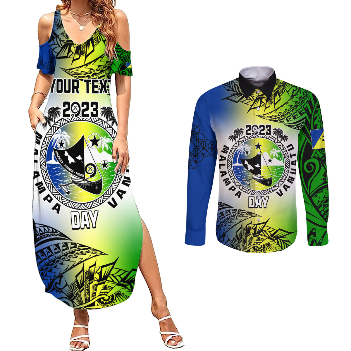 Personalised Malampa Day Couples Matching Summer Maxi Dress and Long Sleeve Button Shirts Malampa Emblem Gradient Style LT7 - Wonder Print Shop