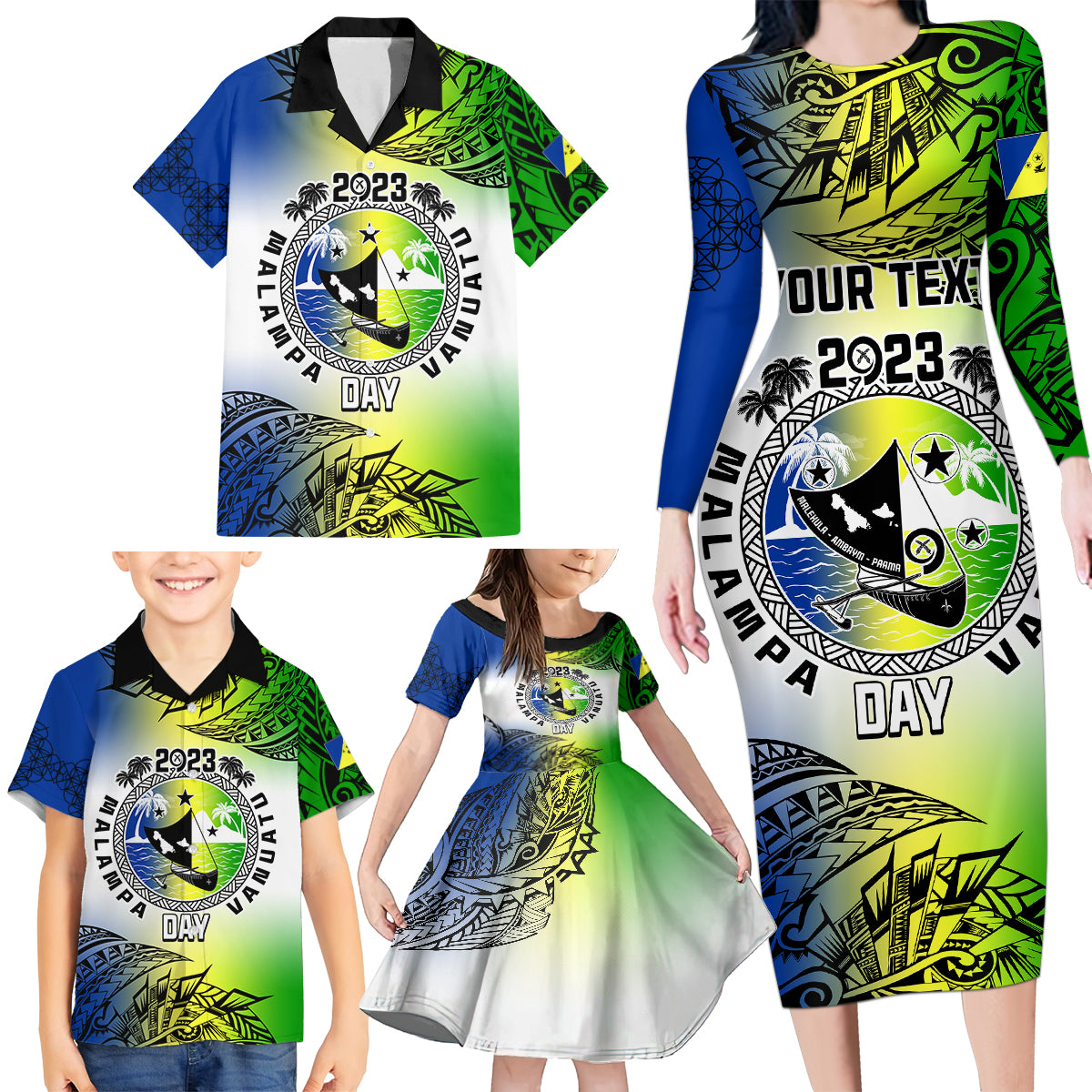 Personalised Malampa Day Family Matching Long Sleeve Bodycon Dress and Hawaiian Shirt Malampa Emblem Gradient Style LT7 - Wonder Print Shop
