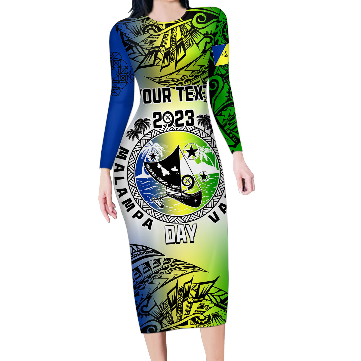 Personalised Malampa Day Family Matching Long Sleeve Bodycon Dress and Hawaiian Shirt Malampa Emblem Gradient Style LT7 - Wonder Print Shop