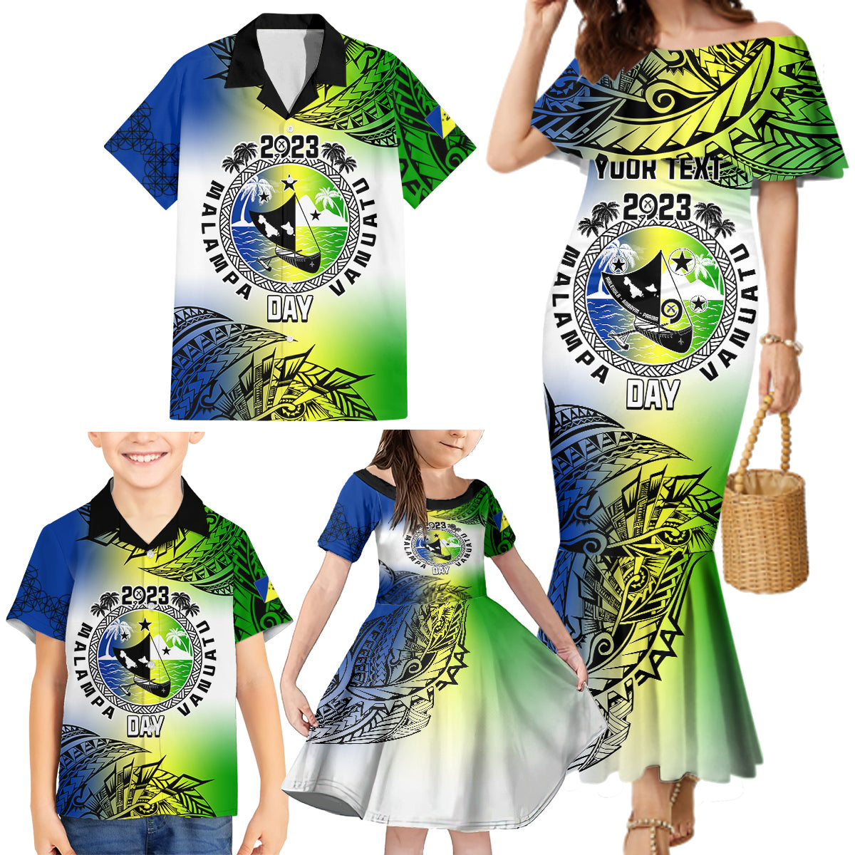 Personalised Malampa Day Family Matching Mermaid Dress and Hawaiian Shirt Malampa Emblem Gradient Style LT7 - Wonder Print Shop