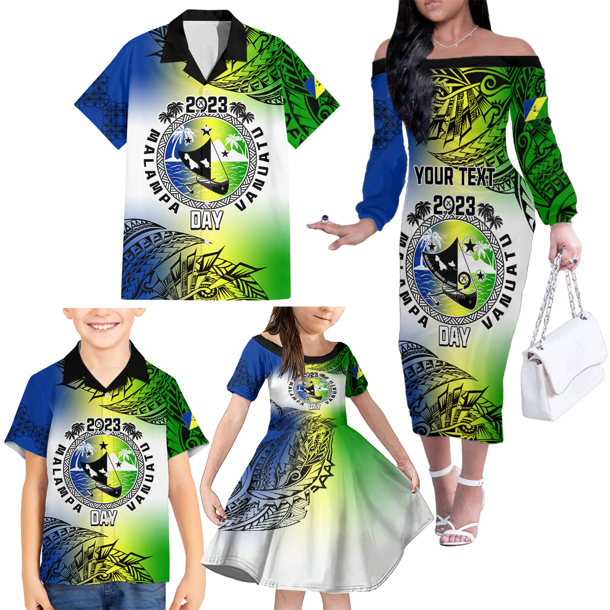 Personalised Malampa Day Family Matching Off Shoulder Long Sleeve Dress and Hawaiian Shirt Malampa Emblem Gradient Style - Wonder Print Shop