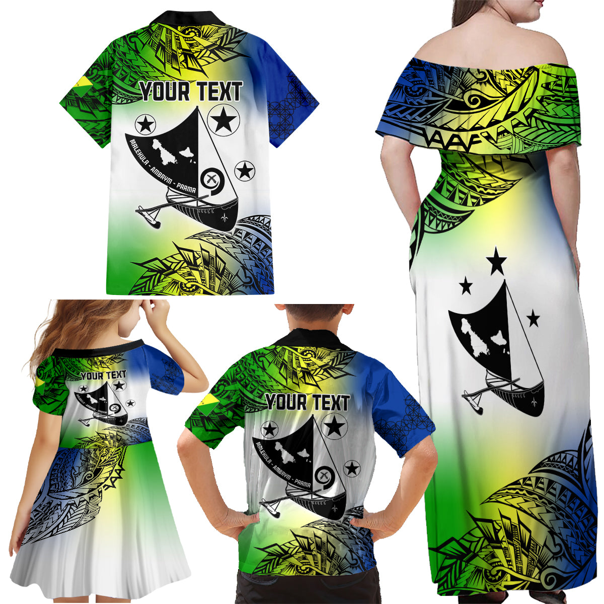 Personalised Malampa Day Family Matching Off Shoulder Maxi Dress and Hawaiian Shirt Malampa Emblem Gradient Style LT7 - Wonder Print Shop