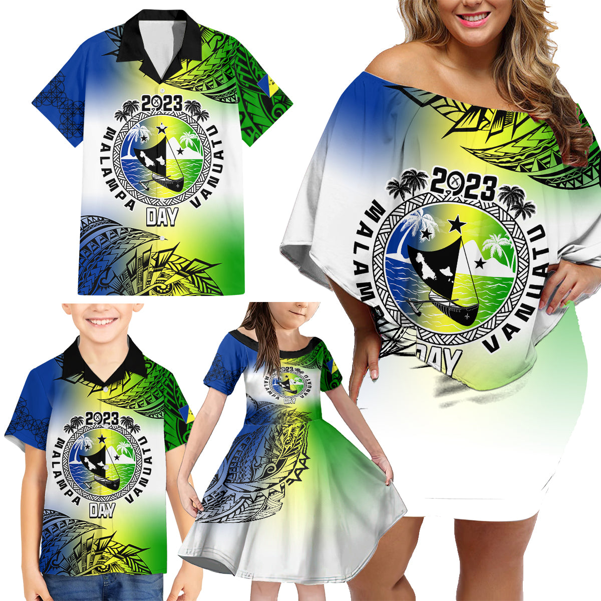 Personalised Malampa Day Family Matching Off Shoulder Short Dress and Hawaiian Shirt Malampa Emblem Gradient Style LT7 - Wonder Print Shop