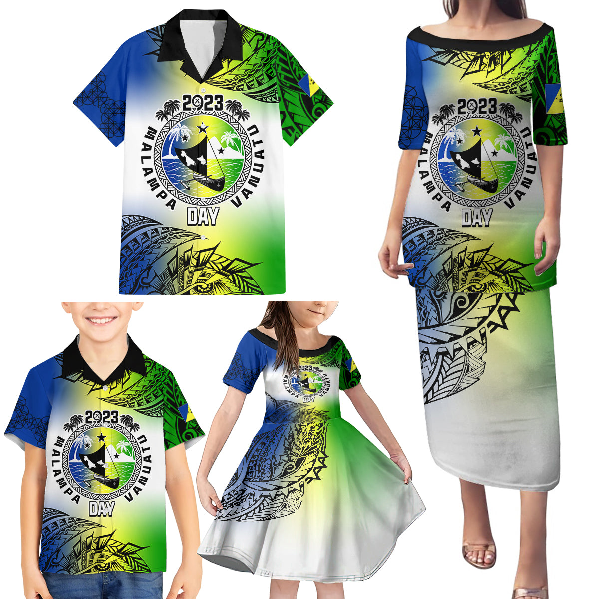 Personalised Malampa Day Family Matching Puletasi Dress and Hawaiian Shirt Malampa Emblem Gradient Style - Wonder Print Shop