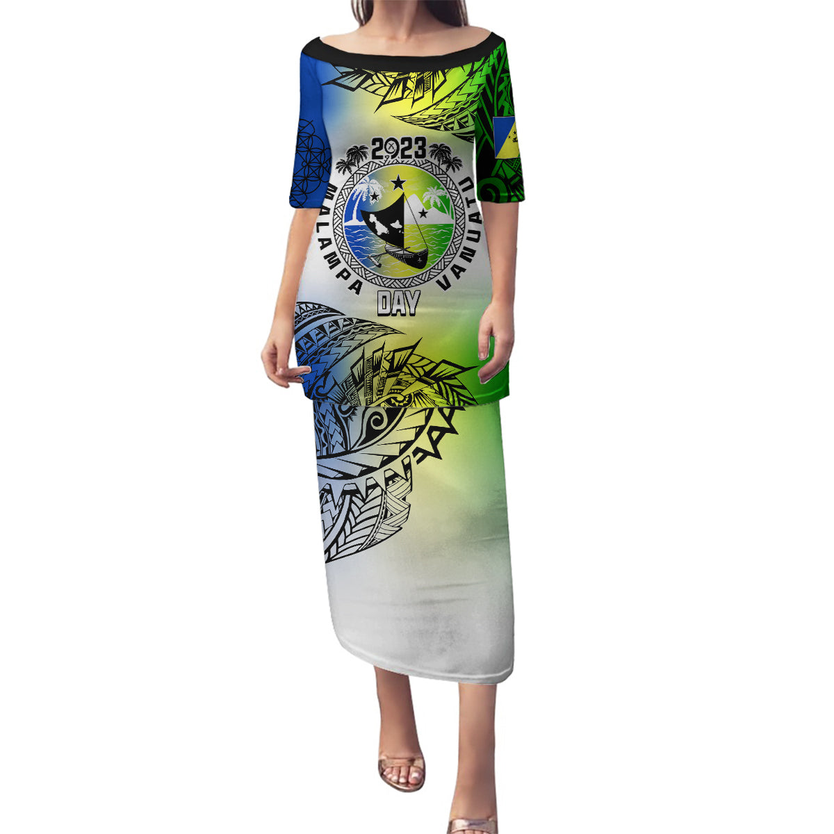 Personalised Malampa Day Family Matching Puletasi Dress and Hawaiian Shirt Malampa Emblem Gradient Style - Wonder Print Shop