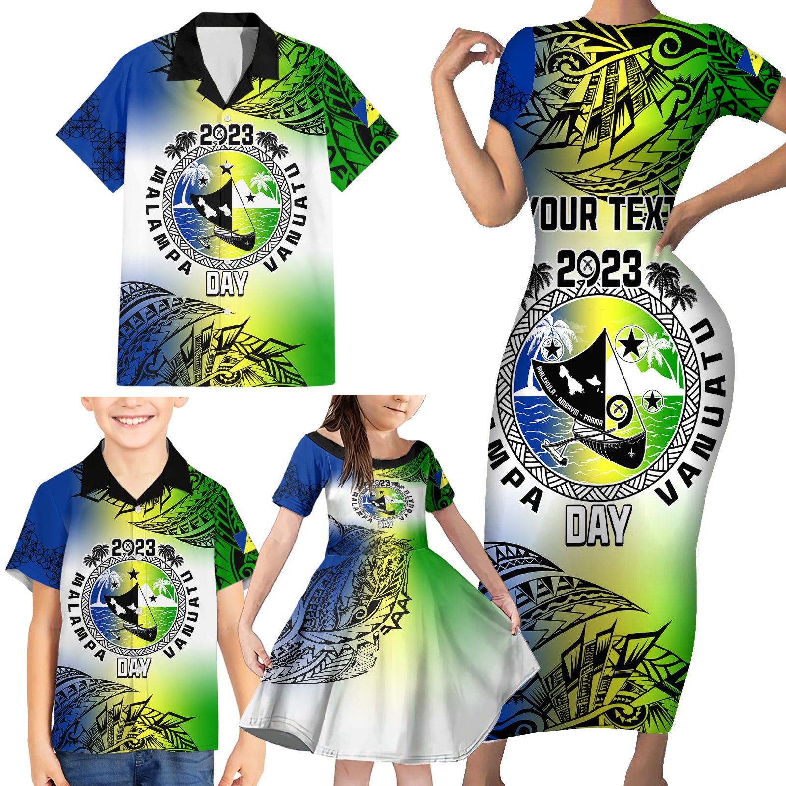 Personalised Malampa Day Family Matching Short Sleeve Bodycon Dress and Hawaiian Shirt Malampa Emblem Gradient Style - Wonder Print Shop