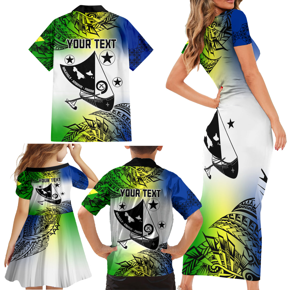 Personalised Malampa Day Family Matching Short Sleeve Bodycon Dress and Hawaiian Shirt Malampa Emblem Gradient Style - Wonder Print Shop