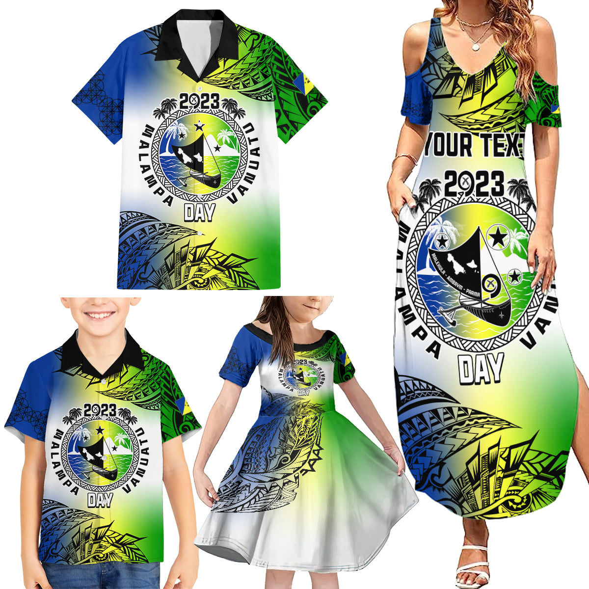 Personalised Malampa Day Family Matching Summer Maxi Dress and Hawaiian Shirt Malampa Emblem Gradient Style - Wonder Print Shop