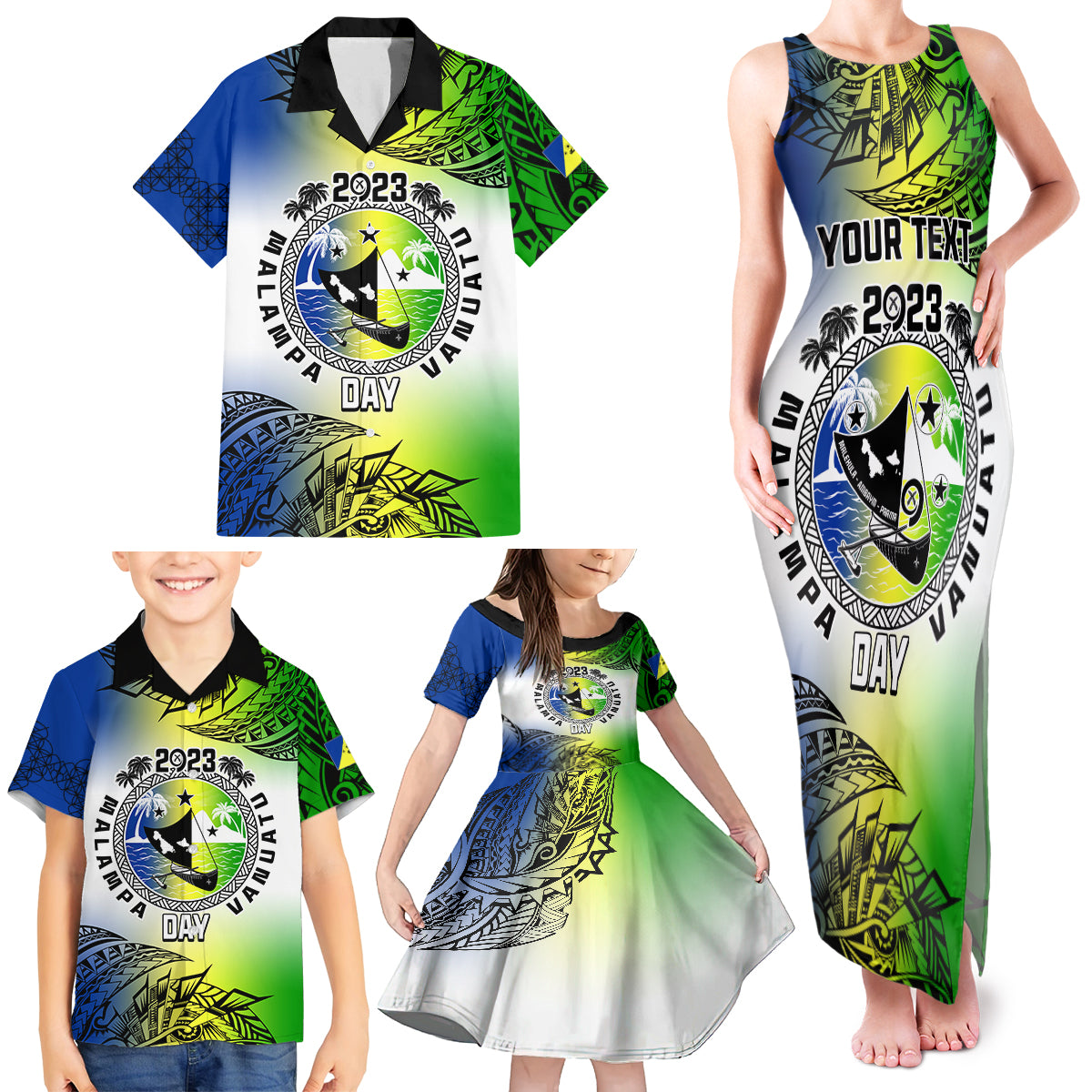 Personalised Malampa Day Family Matching Tank Maxi Dress and Hawaiian Shirt Malampa Emblem Gradient Style - Wonder Print Shop