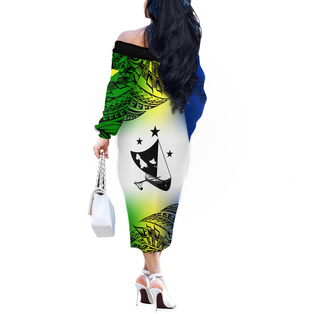 Personalised Malampa Day Off The Shoulder Long Sleeve Dress Malampa Emblem Gradient Style - Wonder Print Shop