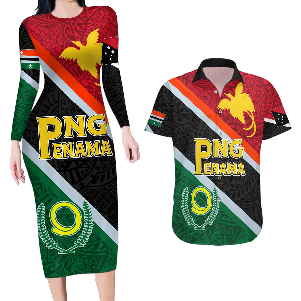 Personalised Penama and Papua New Guinea Day Couples Matching Long Sleeve Bodycon Dress and Hawaiian Shirt Emblem Mix Style LT7 - Wonder Print Shop