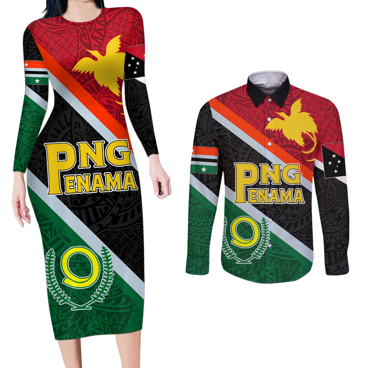 Personalised Penama and Papua New Guinea Day Couples Matching Long Sleeve Bodycon Dress and Long Sleeve Button Shirts Emblem Mix Style LT7 - Wonder Print Shop