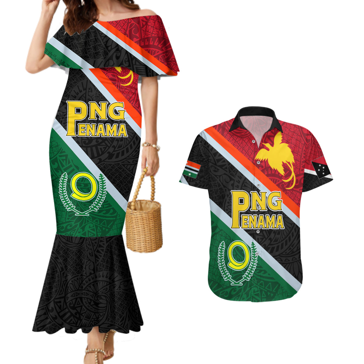 Personalised Penama and Papua New Guinea Day Couples Matching Mermaid Dress and Hawaiian Shirt Emblem Mix Style LT7 - Wonder Print Shop