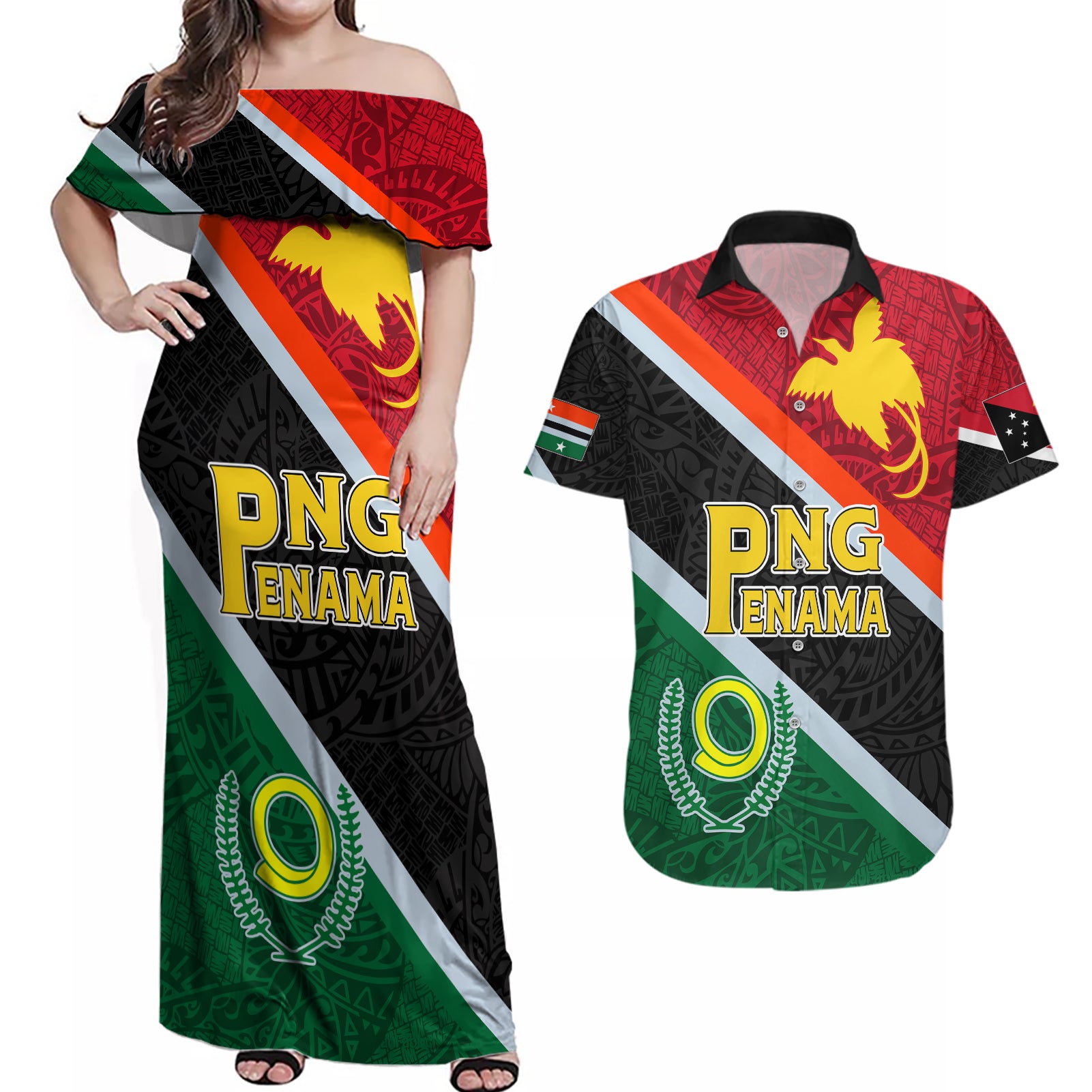 Personalised Penama and Papua New Guinea Day Couples Matching Off Shoulder Maxi Dress and Hawaiian Shirt Emblem Mix Style LT7 - Wonder Print Shop