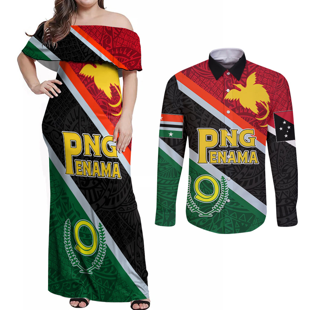 Personalised Penama and Papua New Guinea Day Couples Matching Off Shoulder Maxi Dress and Long Sleeve Button Shirts Emblem Mix Style LT7 - Wonder Print Shop