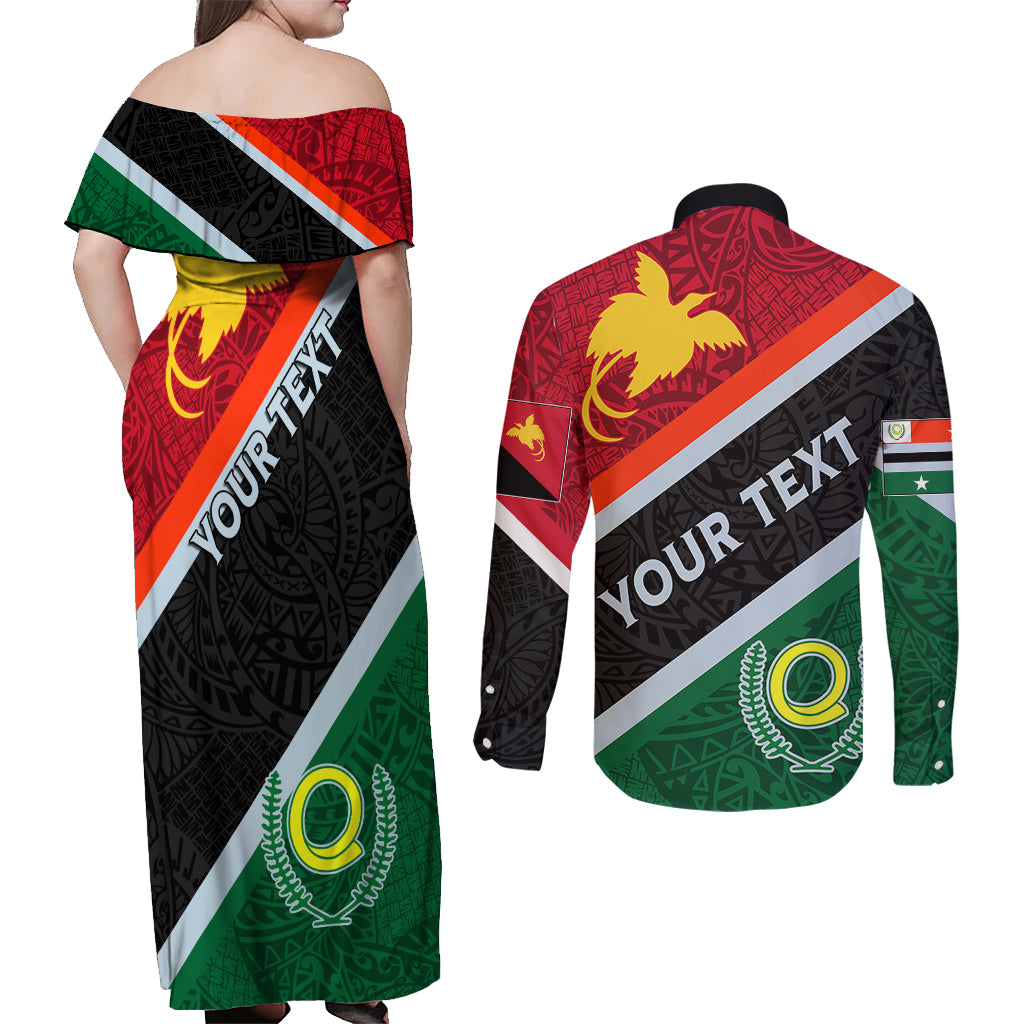 Personalised Penama and Papua New Guinea Day Couples Matching Off Shoulder Maxi Dress and Long Sleeve Button Shirts Emblem Mix Style LT7 - Wonder Print Shop