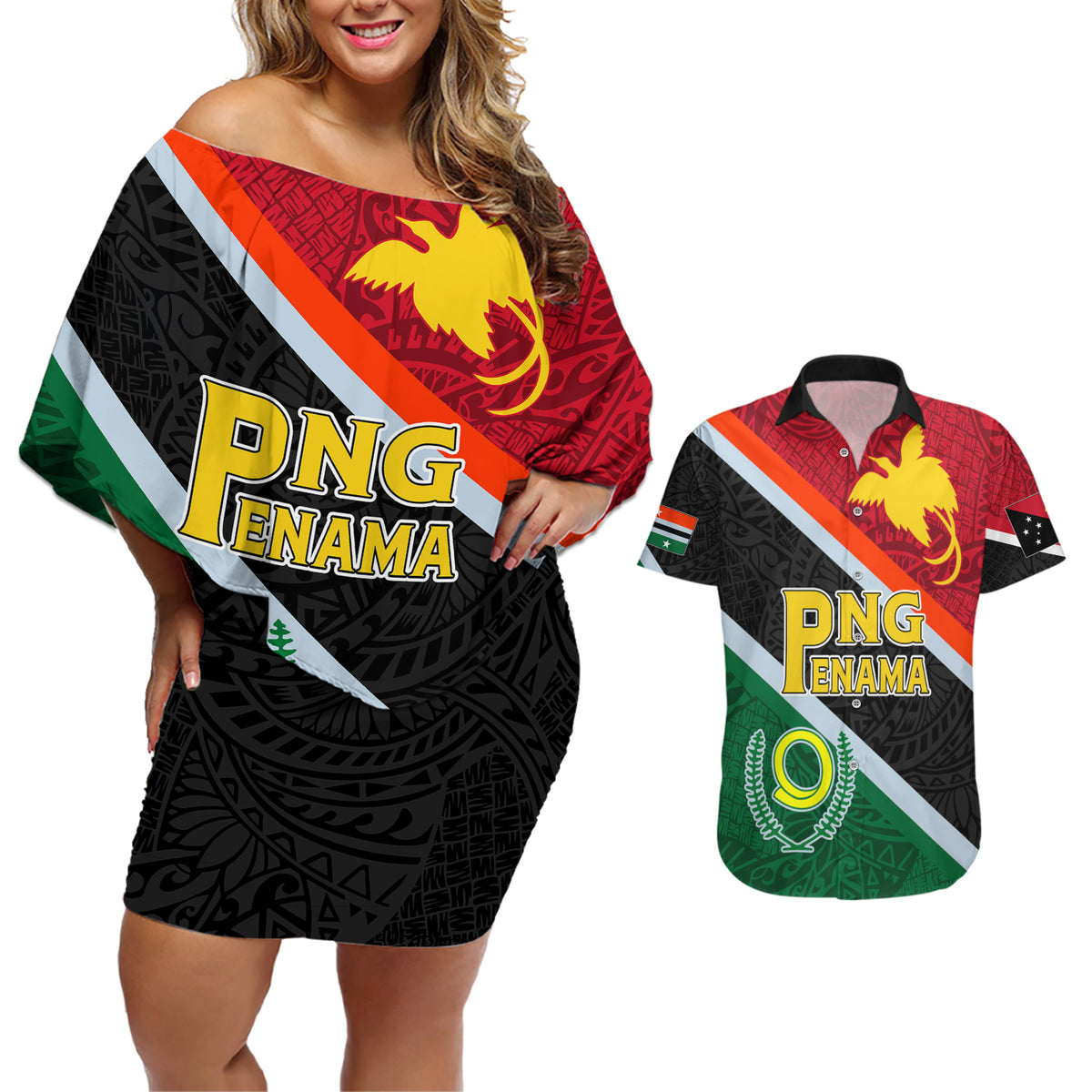 Personalised Penama and Papua New Guinea Day Couples Matching Off Shoulder Short Dress and Hawaiian Shirt Emblem Mix Style LT7 - Wonder Print Shop