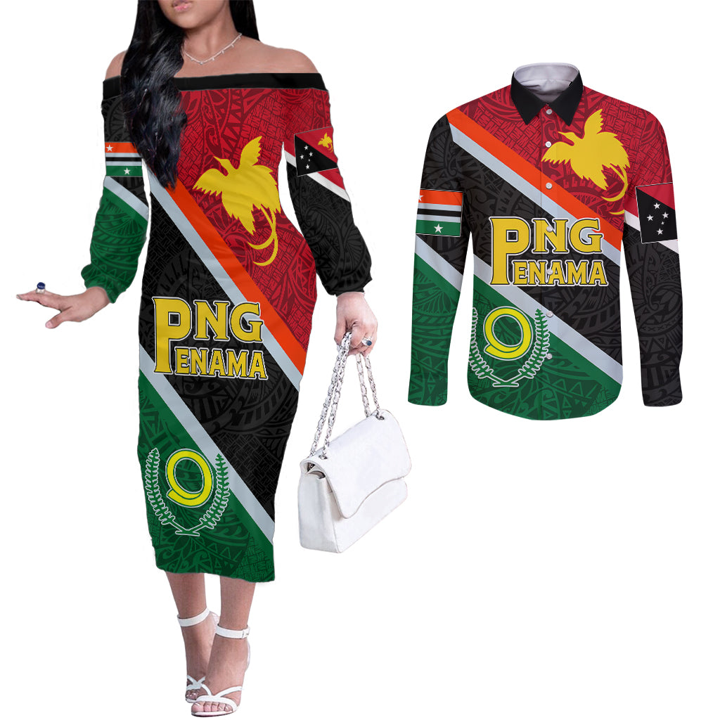 personalised-penama-and-papua-new-guinea-day-couples-matching-off-the-shoulder-long-sleeve-dress-and-long-sleeve-button-shirts-emblem-mix-style