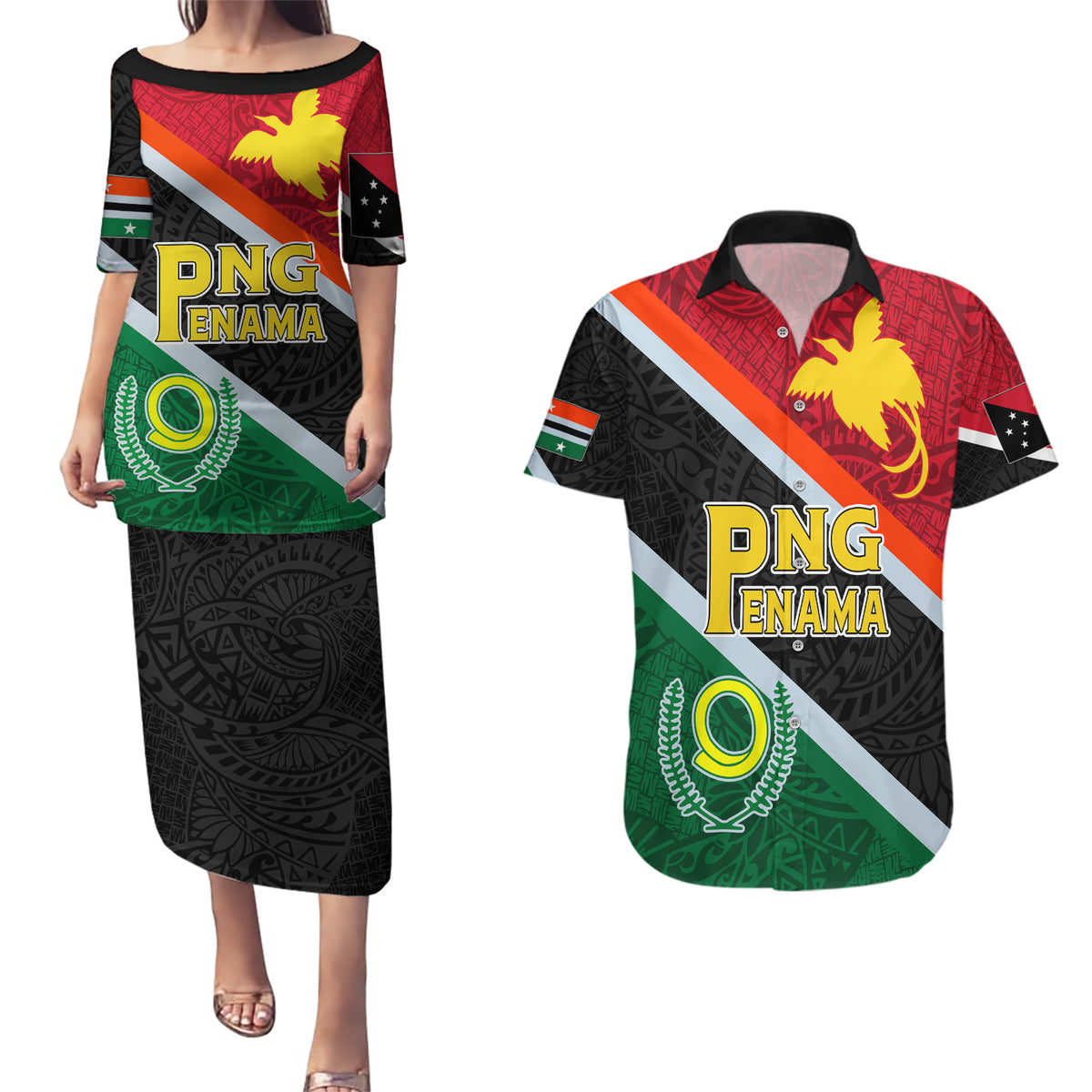 Personalised Penama and Papua New Guinea Day Couples Matching Puletasi Dress and Hawaiian Shirt Emblem Mix Style LT7 - Wonder Print Shop