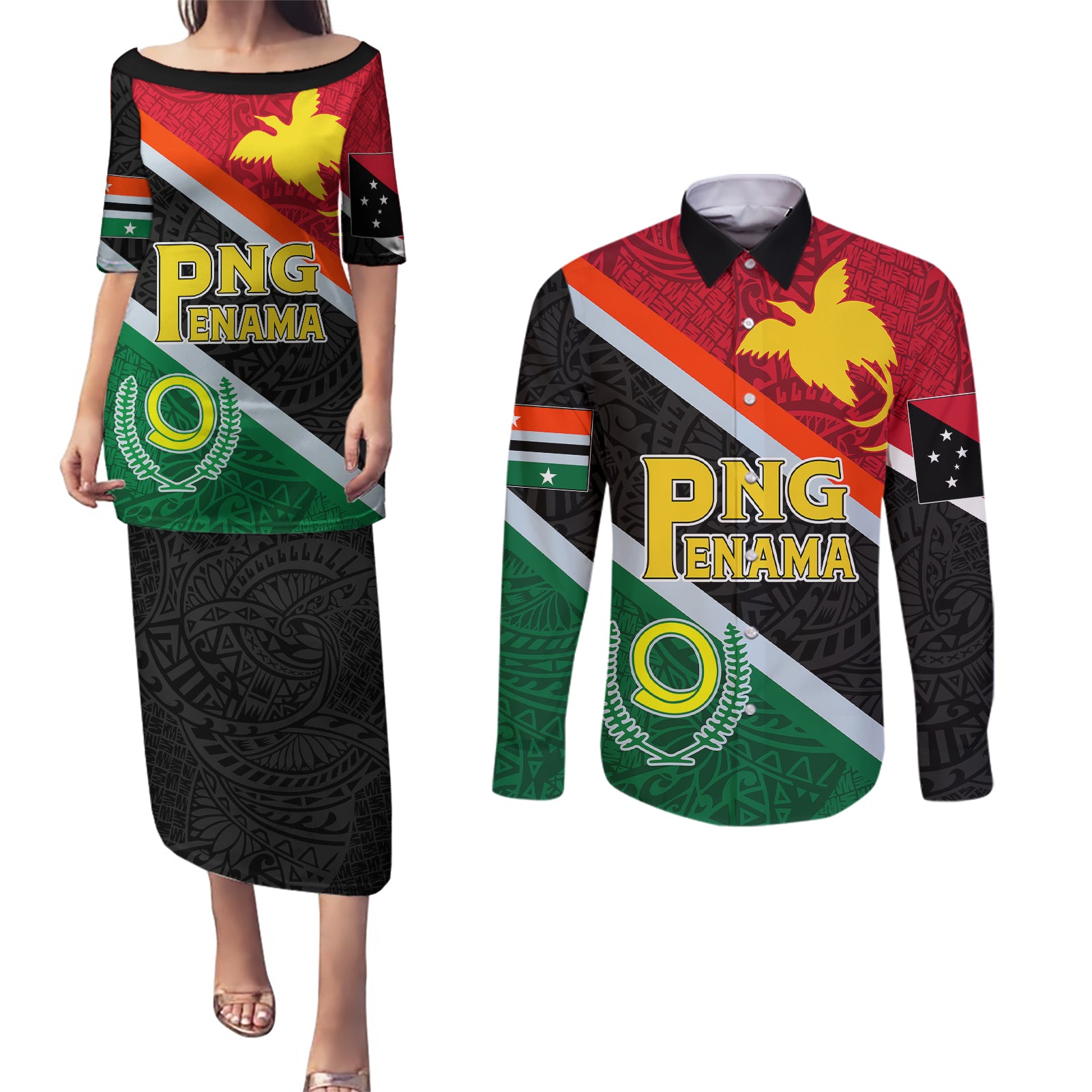 Personalised Penama and Papua New Guinea Day Couples Matching Puletasi Dress and Long Sleeve Button Shirts Emblem Mix Style LT7 - Wonder Print Shop