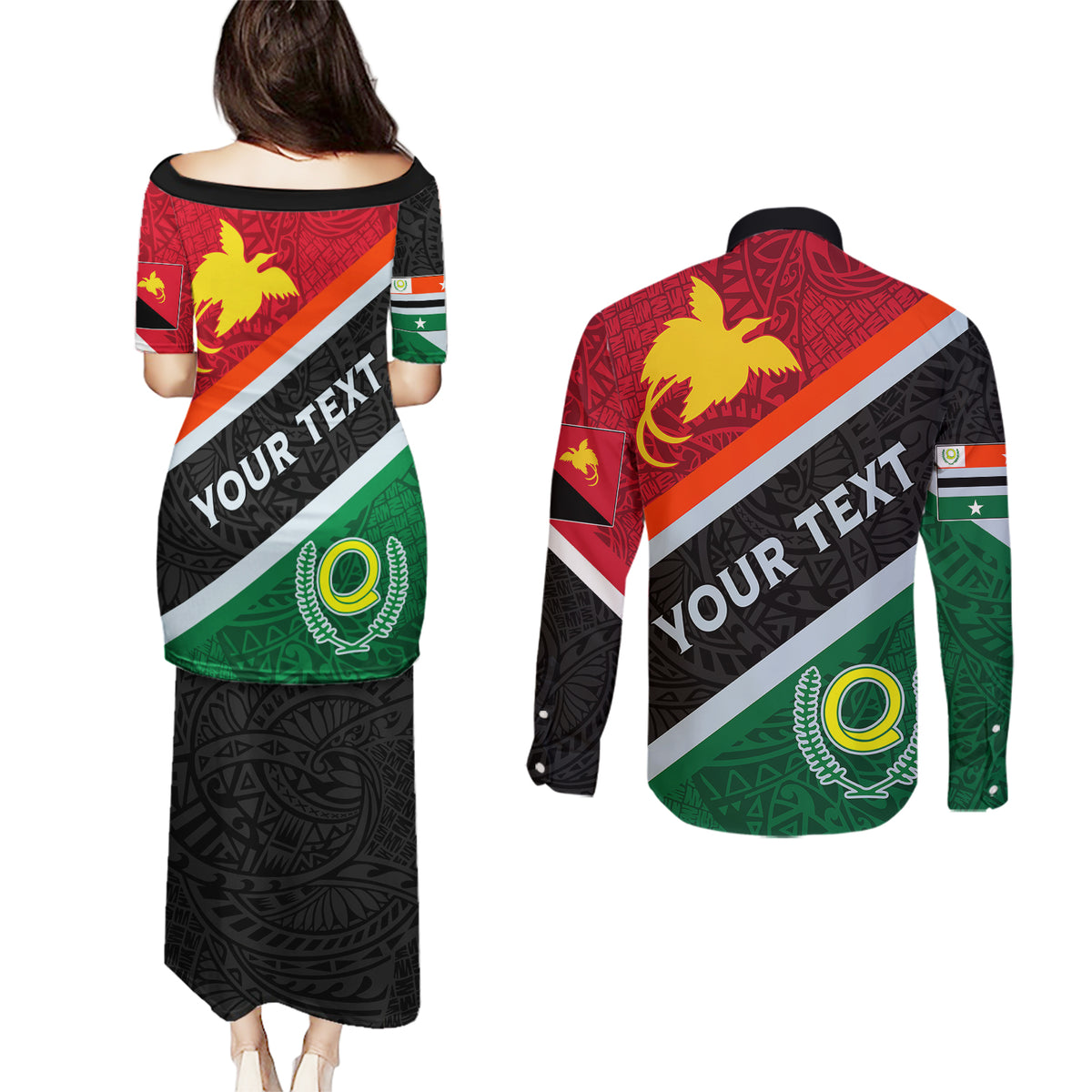 Personalised Penama and Papua New Guinea Day Couples Matching Puletasi Dress and Long Sleeve Button Shirts Emblem Mix Style LT7 - Wonder Print Shop
