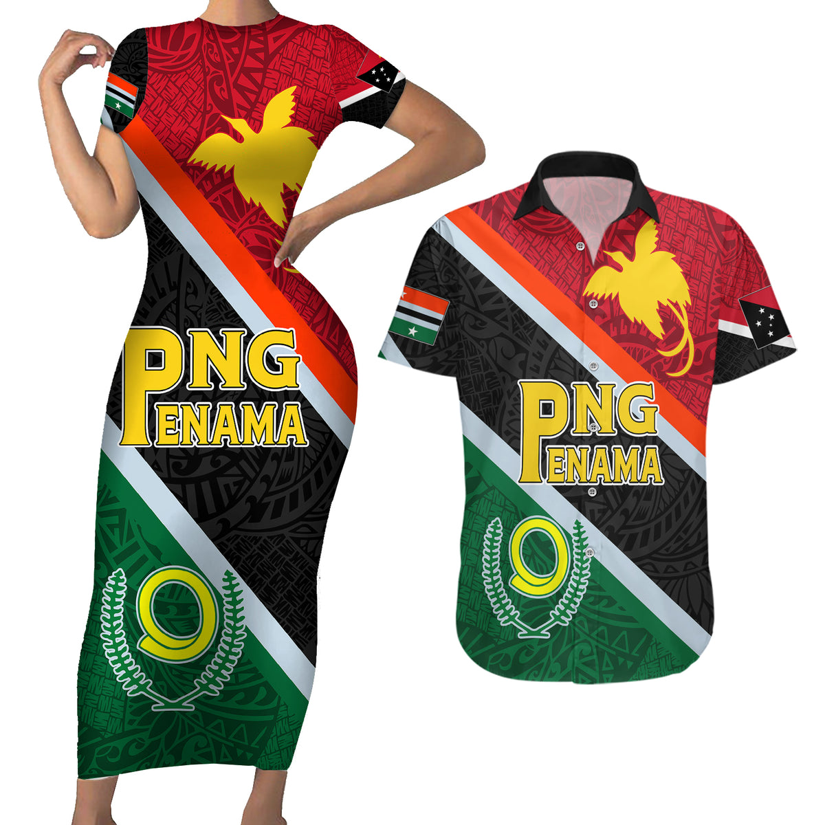Personalised Penama and Papua New Guinea Day Couples Matching Short Sleeve Bodycon Dress and Hawaiian Shirt Emblem Mix Style LT7 - Wonder Print Shop
