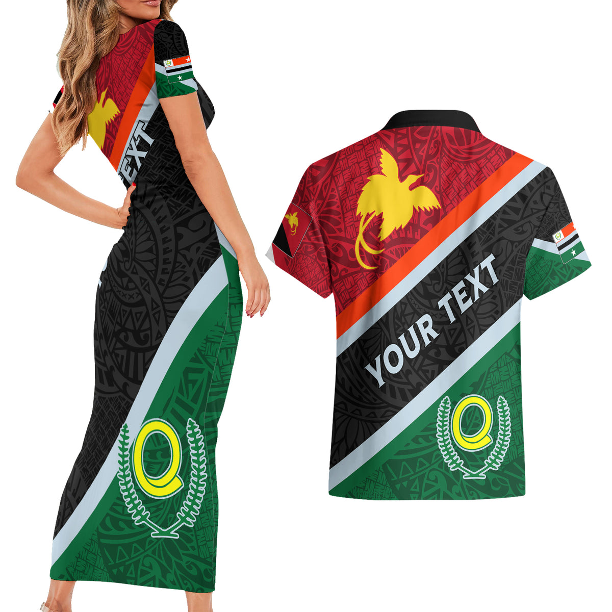Personalised Penama and Papua New Guinea Day Couples Matching Short Sleeve Bodycon Dress and Hawaiian Shirt Emblem Mix Style LT7 - Wonder Print Shop