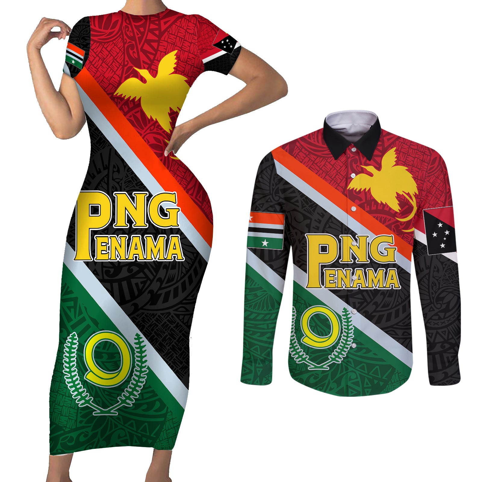 Personalised Penama and Papua New Guinea Day Couples Matching Short Sleeve Bodycon Dress and Long Sleeve Button Shirts Emblem Mix Style LT7 - Wonder Print Shop