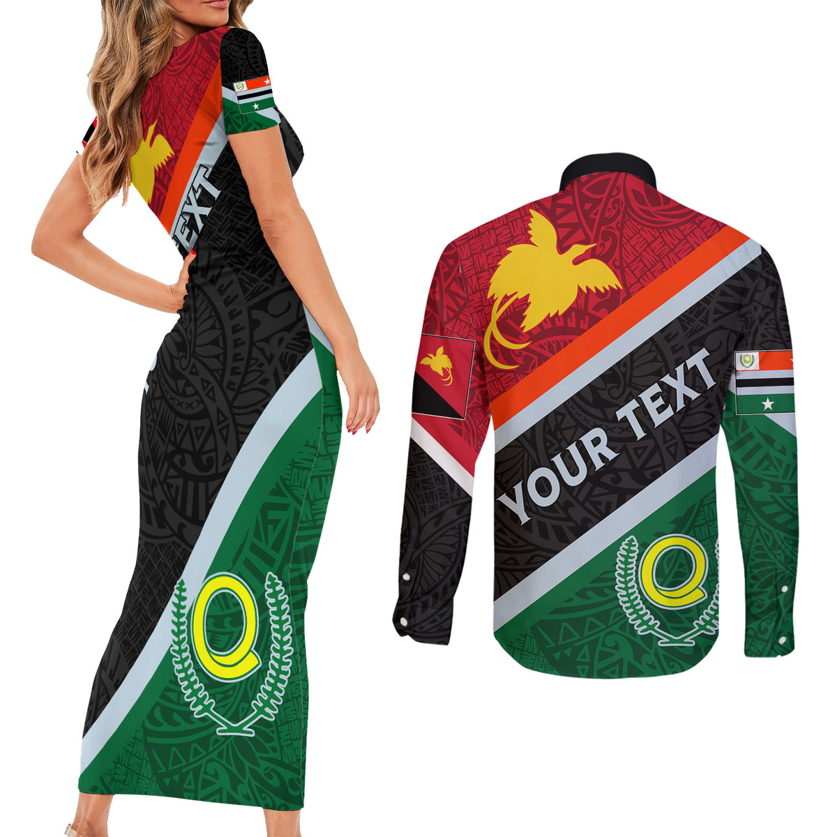 Personalised Penama and Papua New Guinea Day Couples Matching Short Sleeve Bodycon Dress and Long Sleeve Button Shirts Emblem Mix Style LT7 - Wonder Print Shop