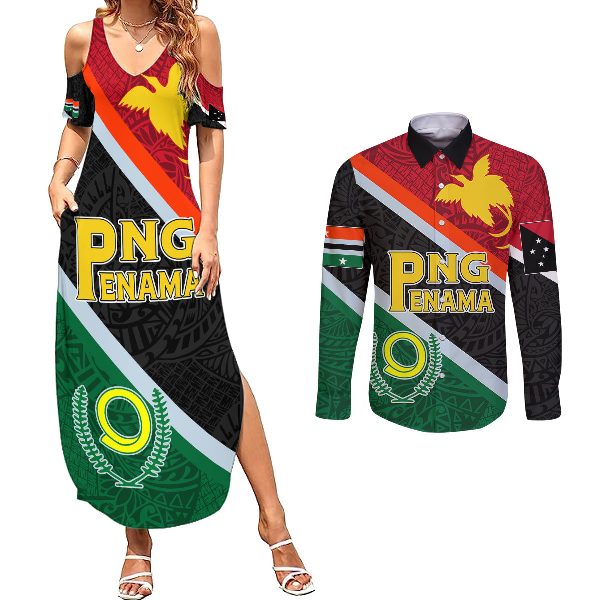 Personalised Penama and Papua New Guinea Day Couples Matching Summer Maxi Dress and Long Sleeve Button Shirts Emblem Mix Style LT7 - Wonder Print Shop