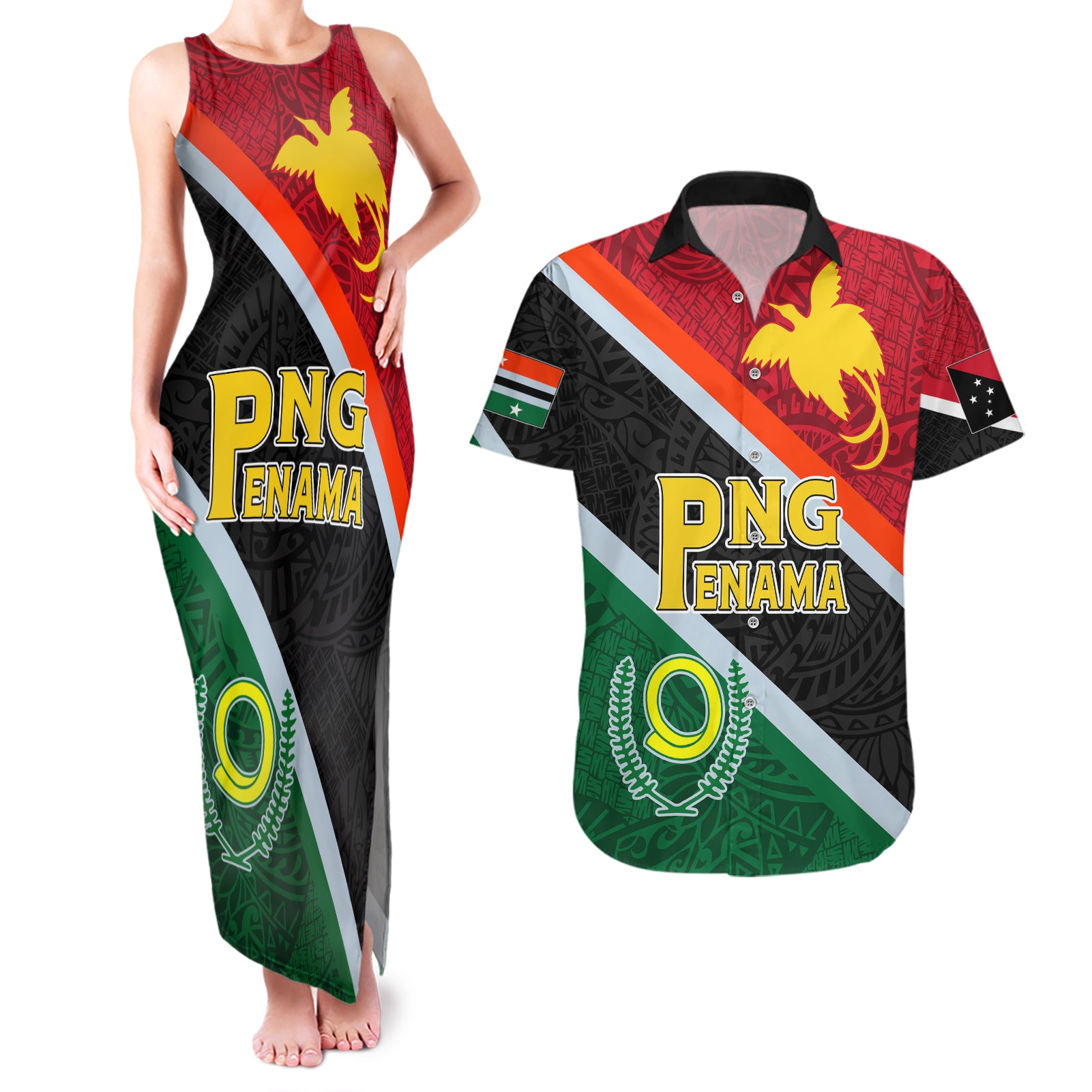 Personalised Penama and Papua New Guinea Day Couples Matching Tank Maxi Dress and Hawaiian Shirt Emblem Mix Style LT7 - Wonder Print Shop