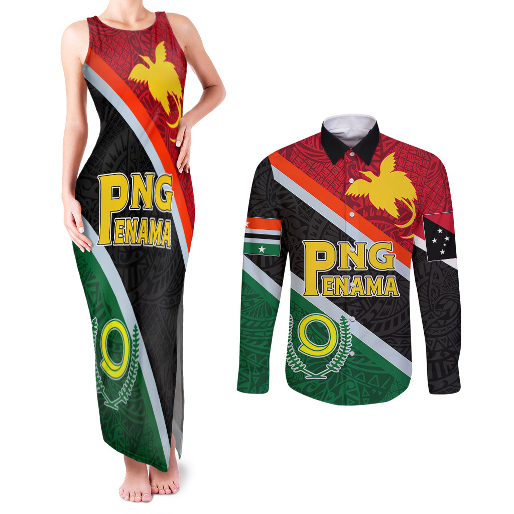 Personalised Penama and Papua New Guinea Day Couples Matching Tank Maxi Dress and Long Sleeve Button Shirts Emblem Mix Style LT7 - Wonder Print Shop