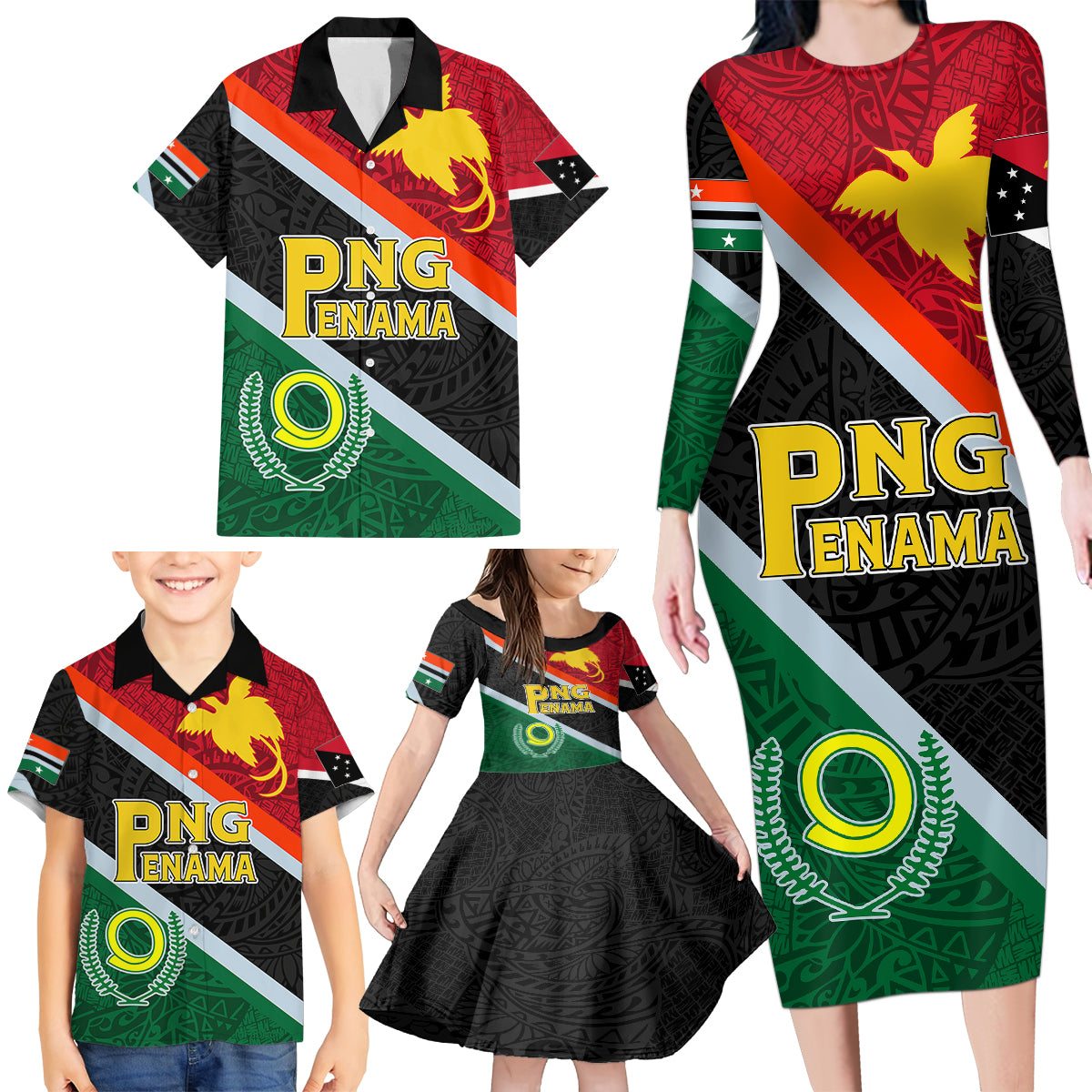 Personalised Penama and Papua New Guinea Day Family Matching Long Sleeve Bodycon Dress and Hawaiian Shirt Emblem Mix Style LT7 - Wonder Print Shop