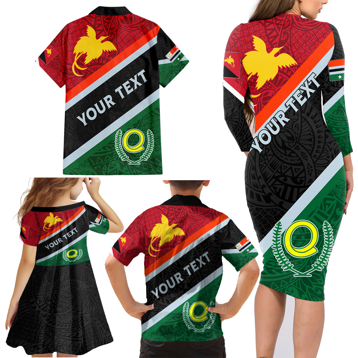 Personalised Penama and Papua New Guinea Day Family Matching Long Sleeve Bodycon Dress and Hawaiian Shirt Emblem Mix Style LT7 - Wonder Print Shop