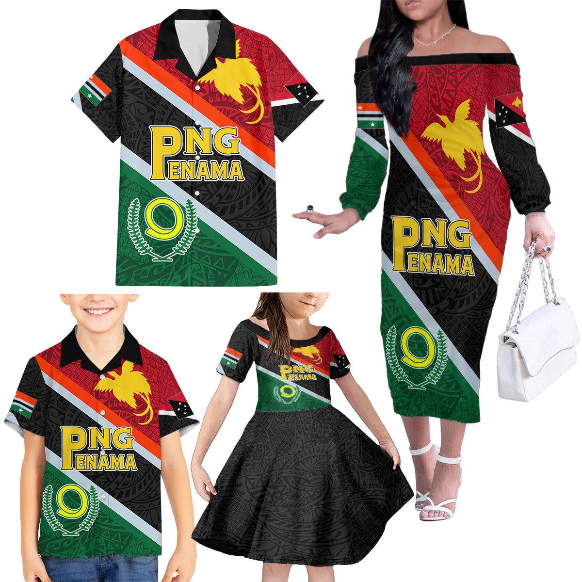 Personalised Penama and Papua New Guinea Day Family Matching Off Shoulder Long Sleeve Dress and Hawaiian Shirt Emblem Mix Style - Wonder Print Shop