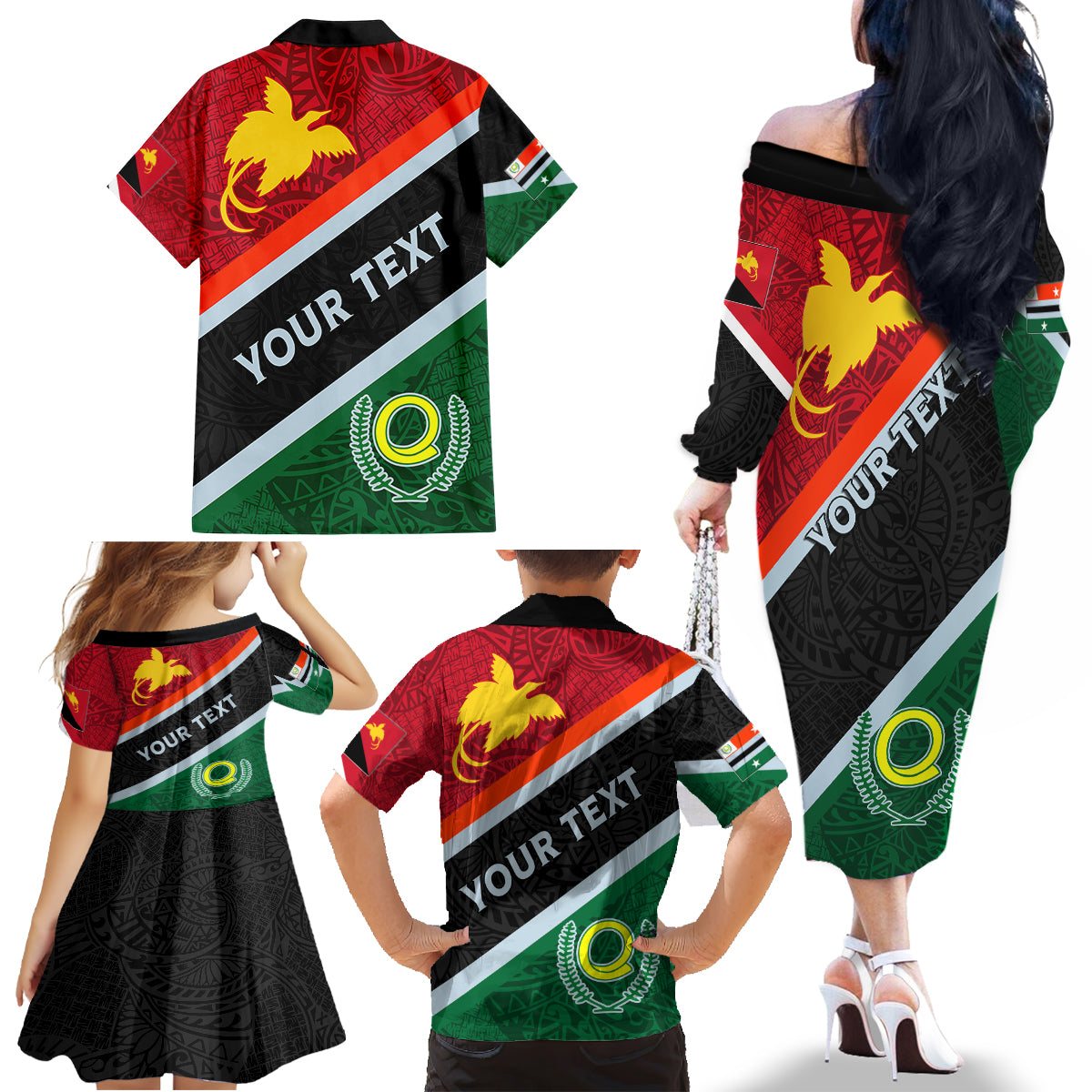Personalised Penama and Papua New Guinea Day Family Matching Off Shoulder Long Sleeve Dress and Hawaiian Shirt Emblem Mix Style - Wonder Print Shop