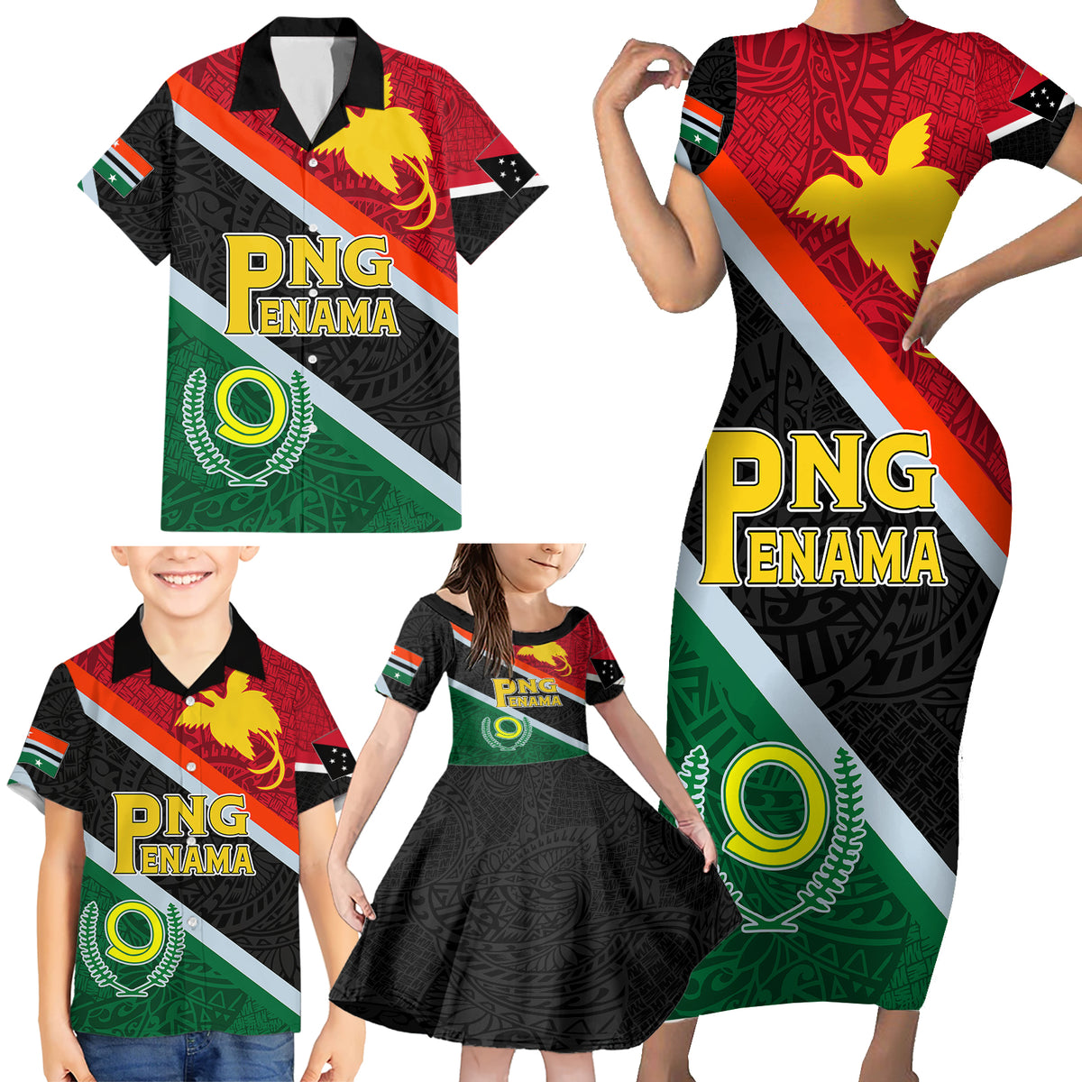 Personalised Penama and Papua New Guinea Day Family Matching Short Sleeve Bodycon Dress and Hawaiian Shirt Emblem Mix Style - Wonder Print Shop
