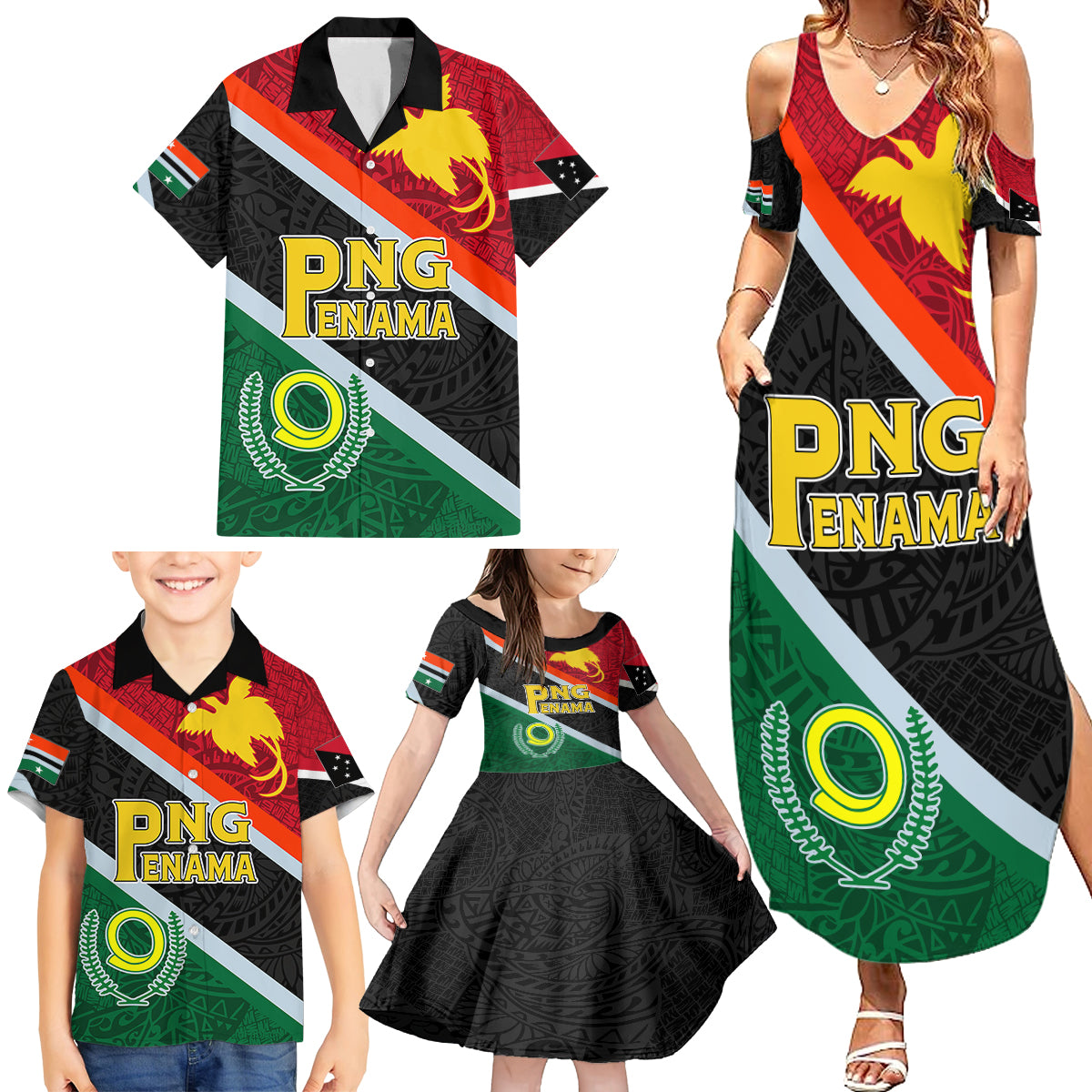 Personalised Penama and Papua New Guinea Day Family Matching Summer Maxi Dress and Hawaiian Shirt Emblem Mix Style - Wonder Print Shop