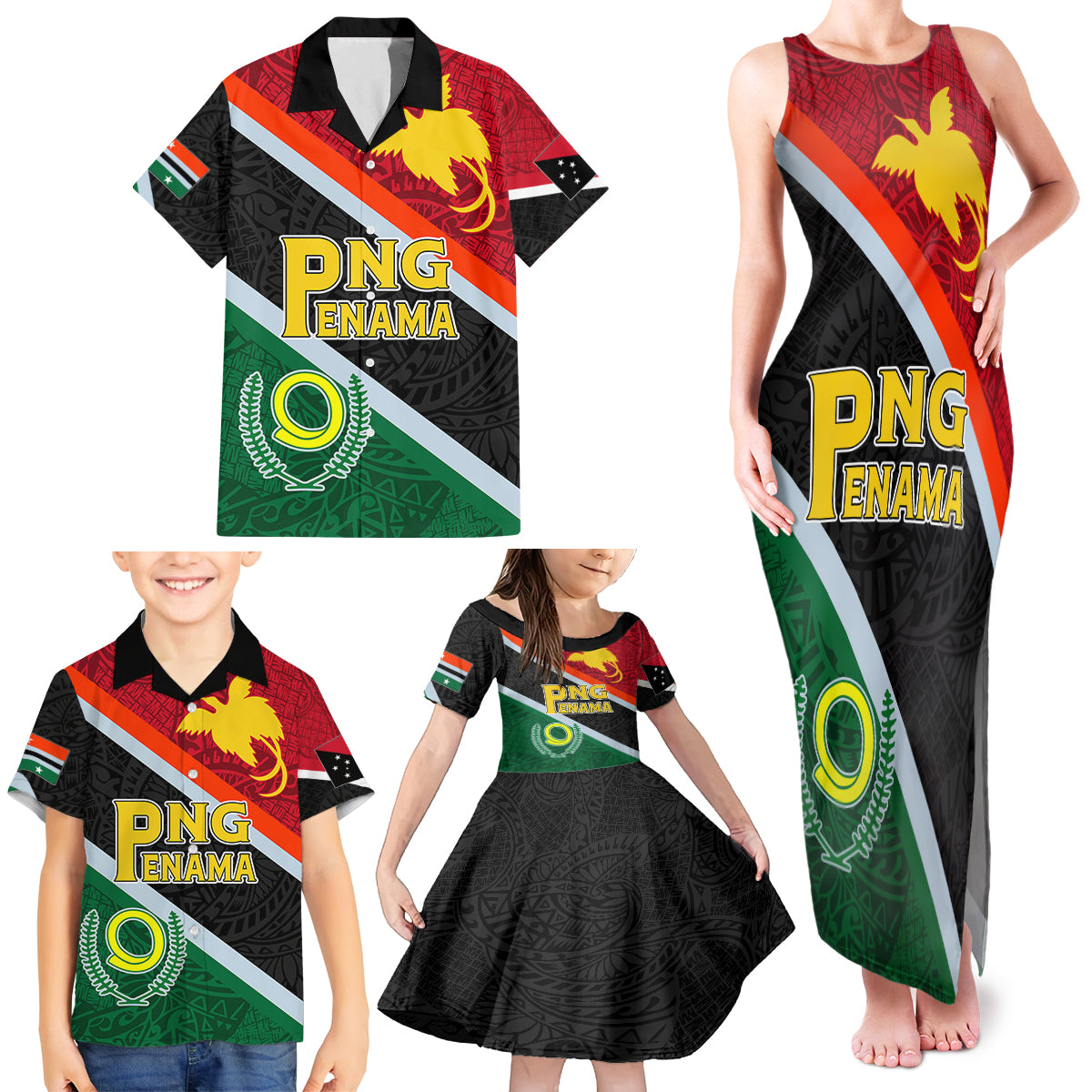 Personalised Penama and Papua New Guinea Day Family Matching Tank Maxi Dress and Hawaiian Shirt Emblem Mix Style - Wonder Print Shop