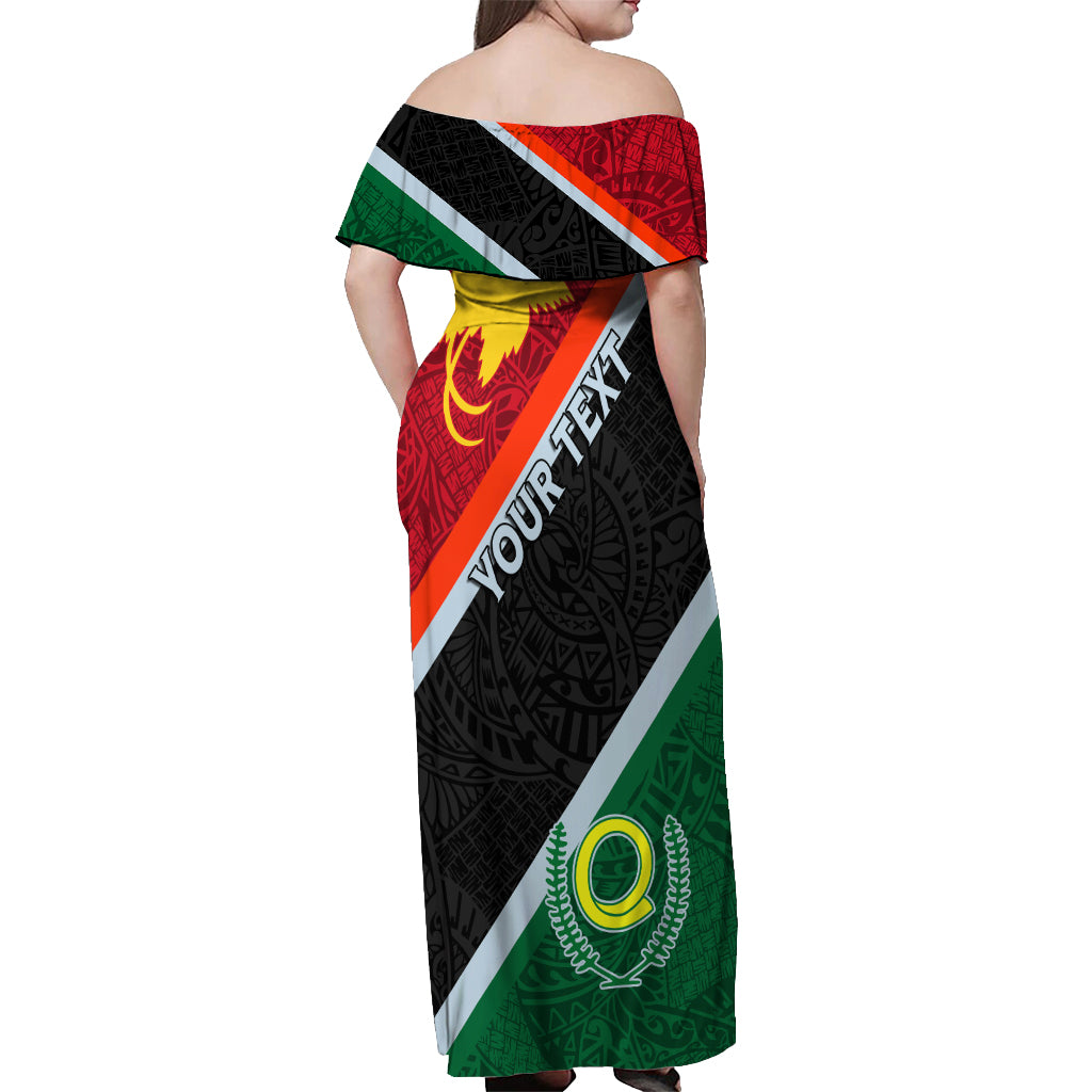 Personalised Penama and Papua New Guinea Day Off Shoulder Maxi Dress Emblem Mix Style - Wonder Print Shop