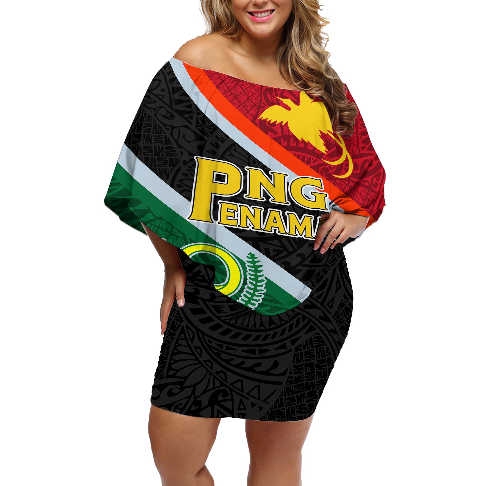 Personalised Penama and Papua New Guinea Day Off Shoulder Short Dress Emblem Mix Style - Wonder Print Shop